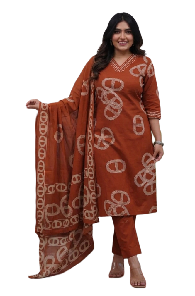 Orange Printed Viscose Kurta Set with Pants & Dupatta