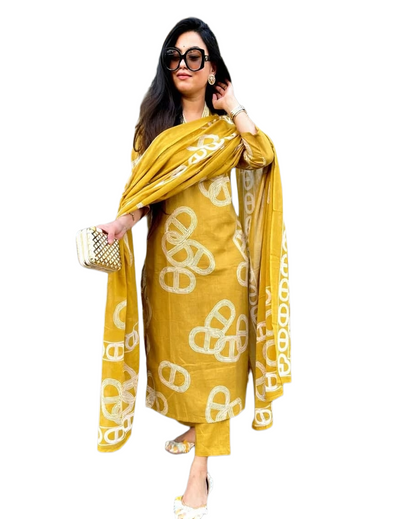 Yellow Printed Viscose Kurta Set with Pants & Dupatta