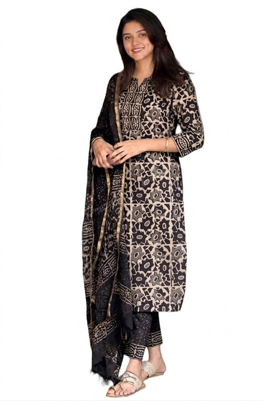 Black Block Printed Viscose Kurta Pant Dupatta Set