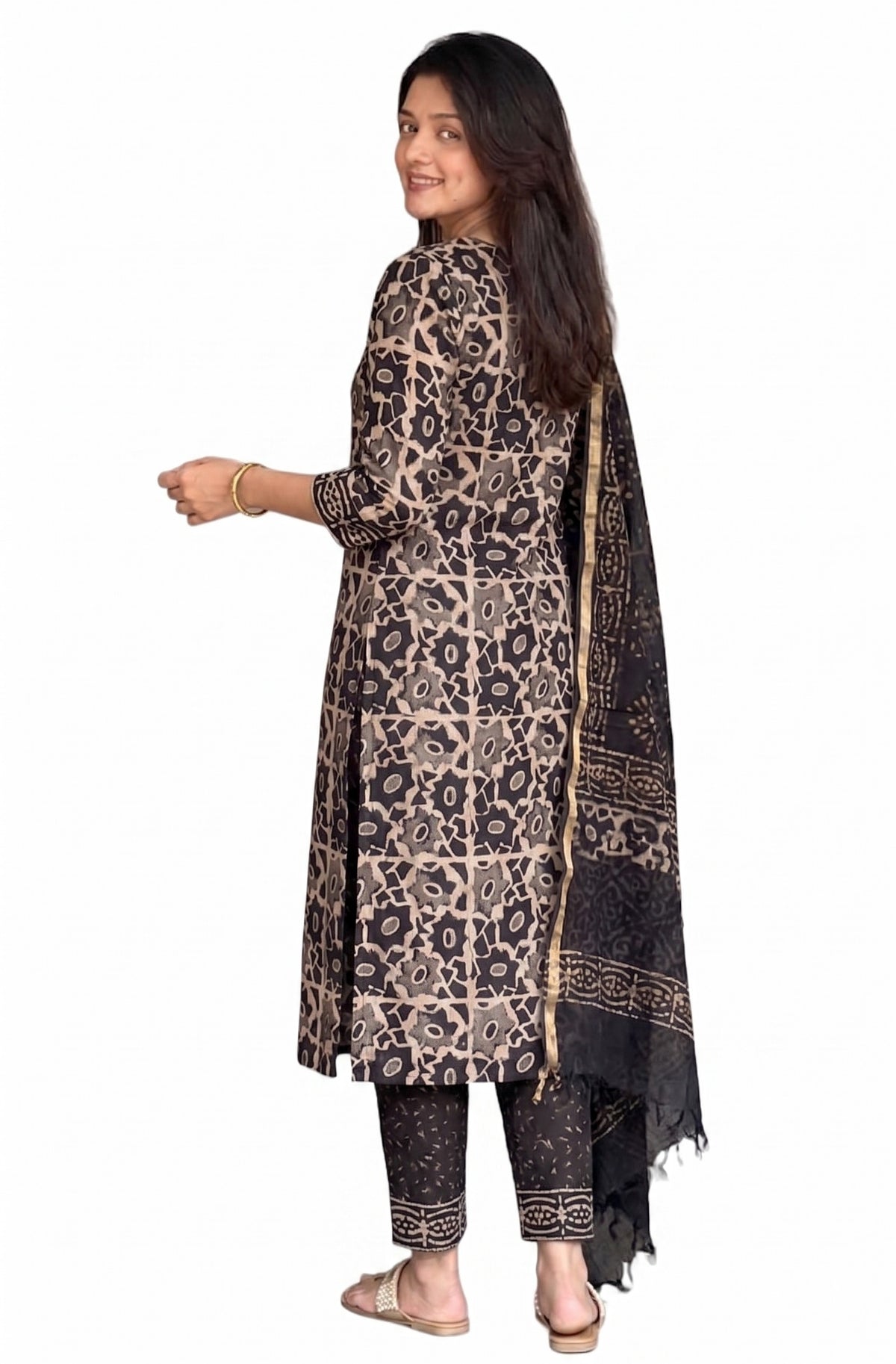 Black Block Printed Viscose Kurta Pant Dupatta Set