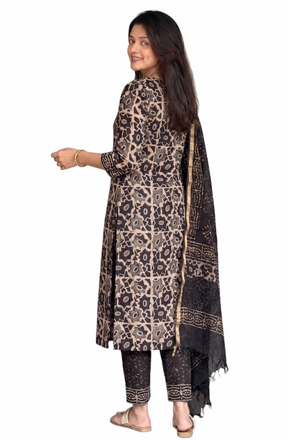 Black Block Printed Viscose Kurta Pant Dupatta Set