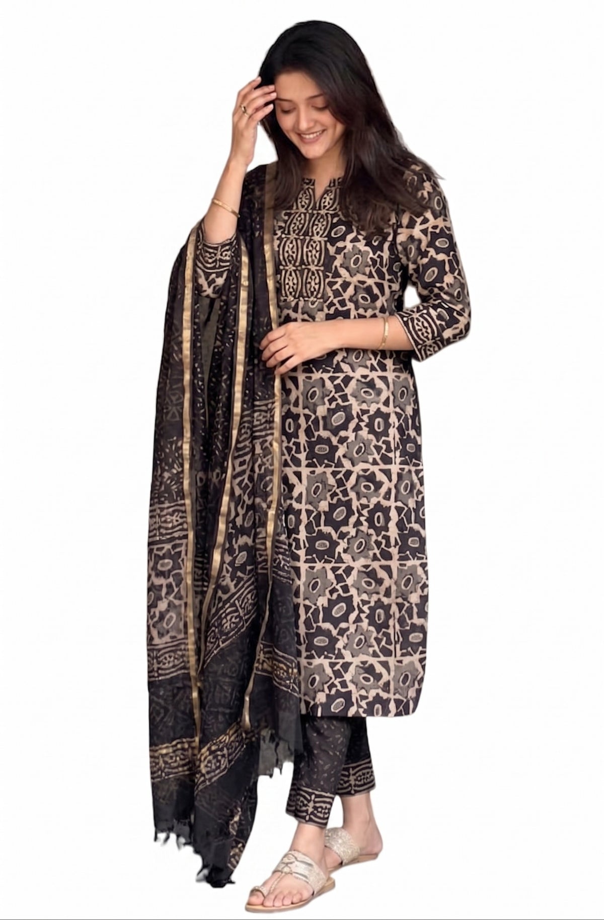 Black Block Printed Viscose Kurta Pant Dupatta Set