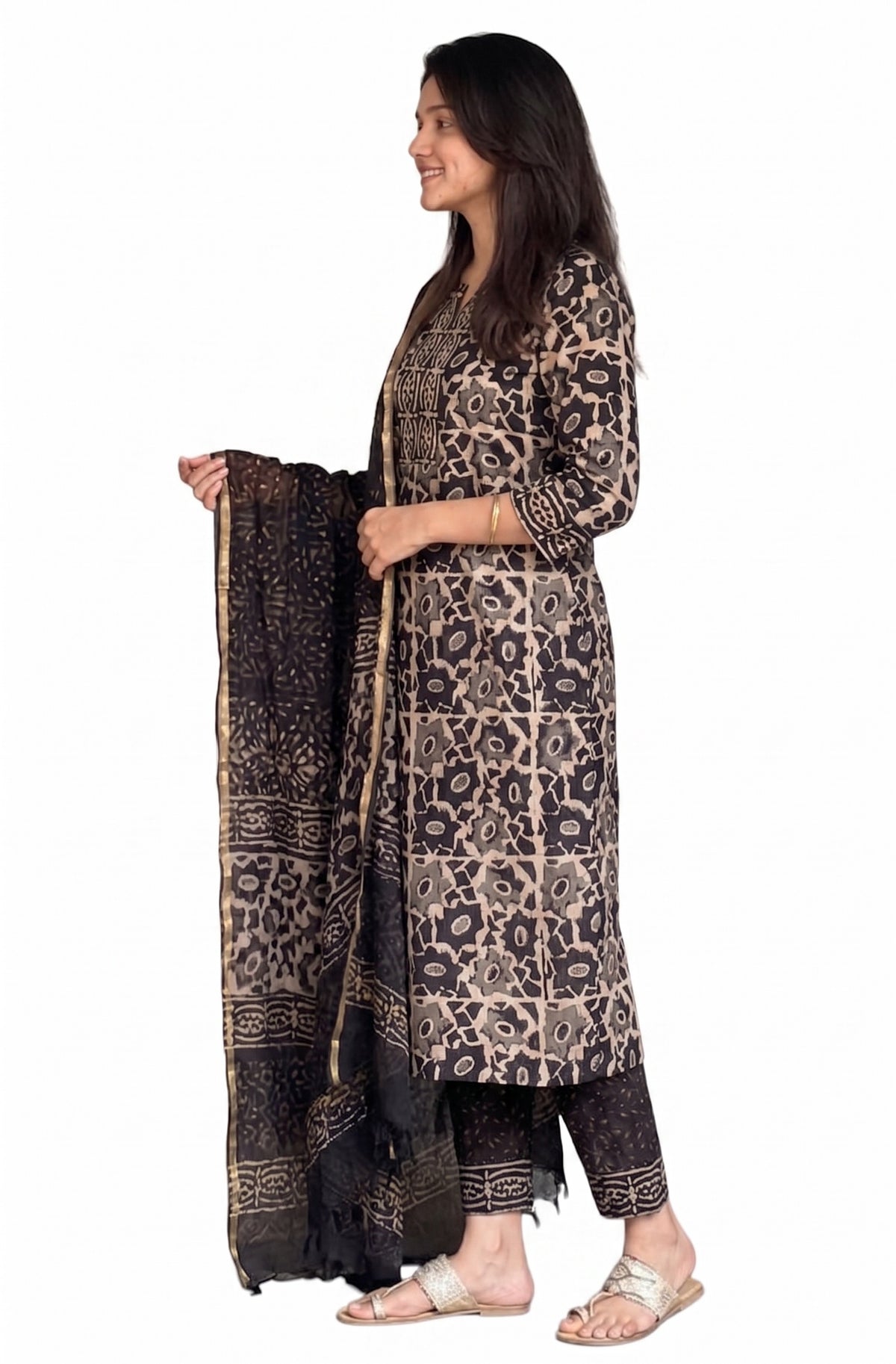 Black Block Printed Viscose Kurta Pant Dupatta Set