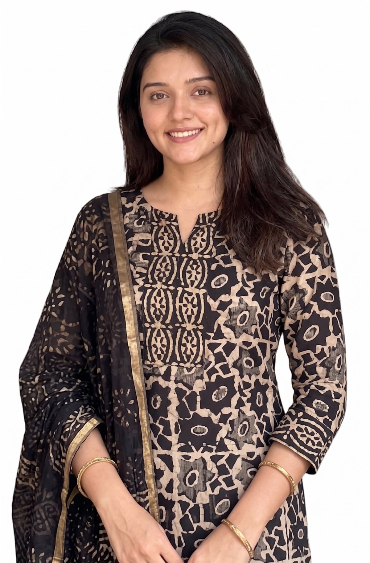 Black Block Printed Viscose Kurta Pant Dupatta Set