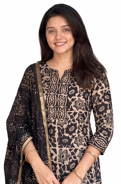 Black Block Printed Viscose Kurta Pant Dupatta Set