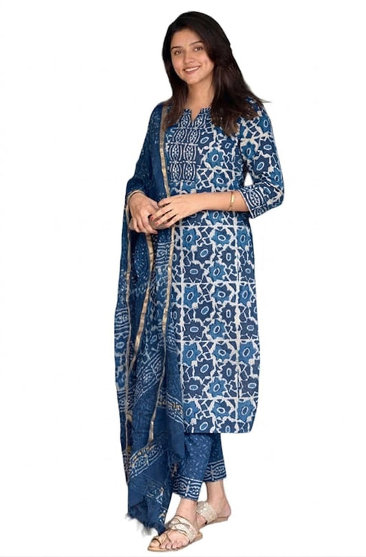 Blue Block Printed Viscose Kurta Pant Dupatta Set