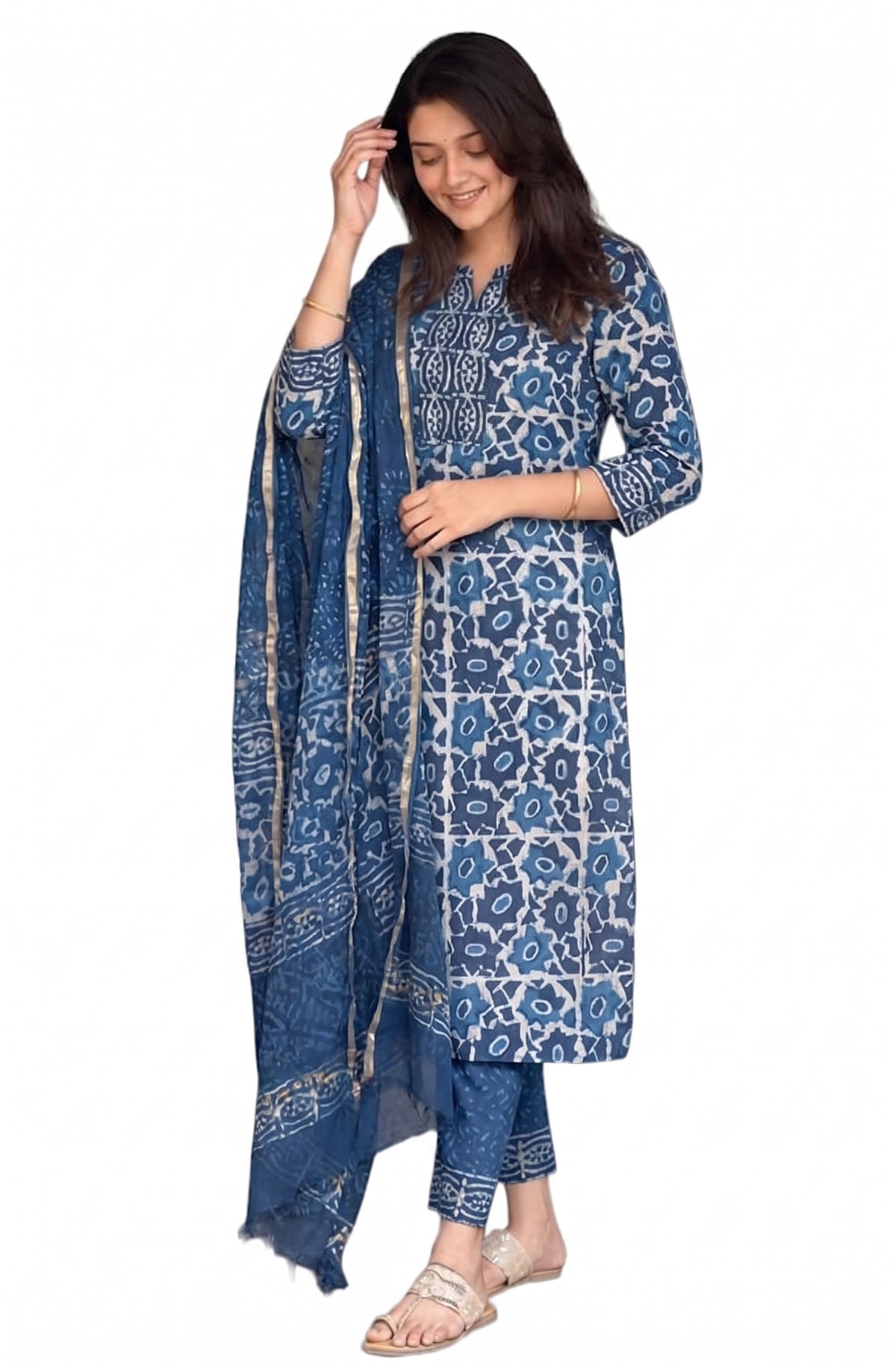 Blue Block Printed Viscose Kurta Pant Dupatta Set