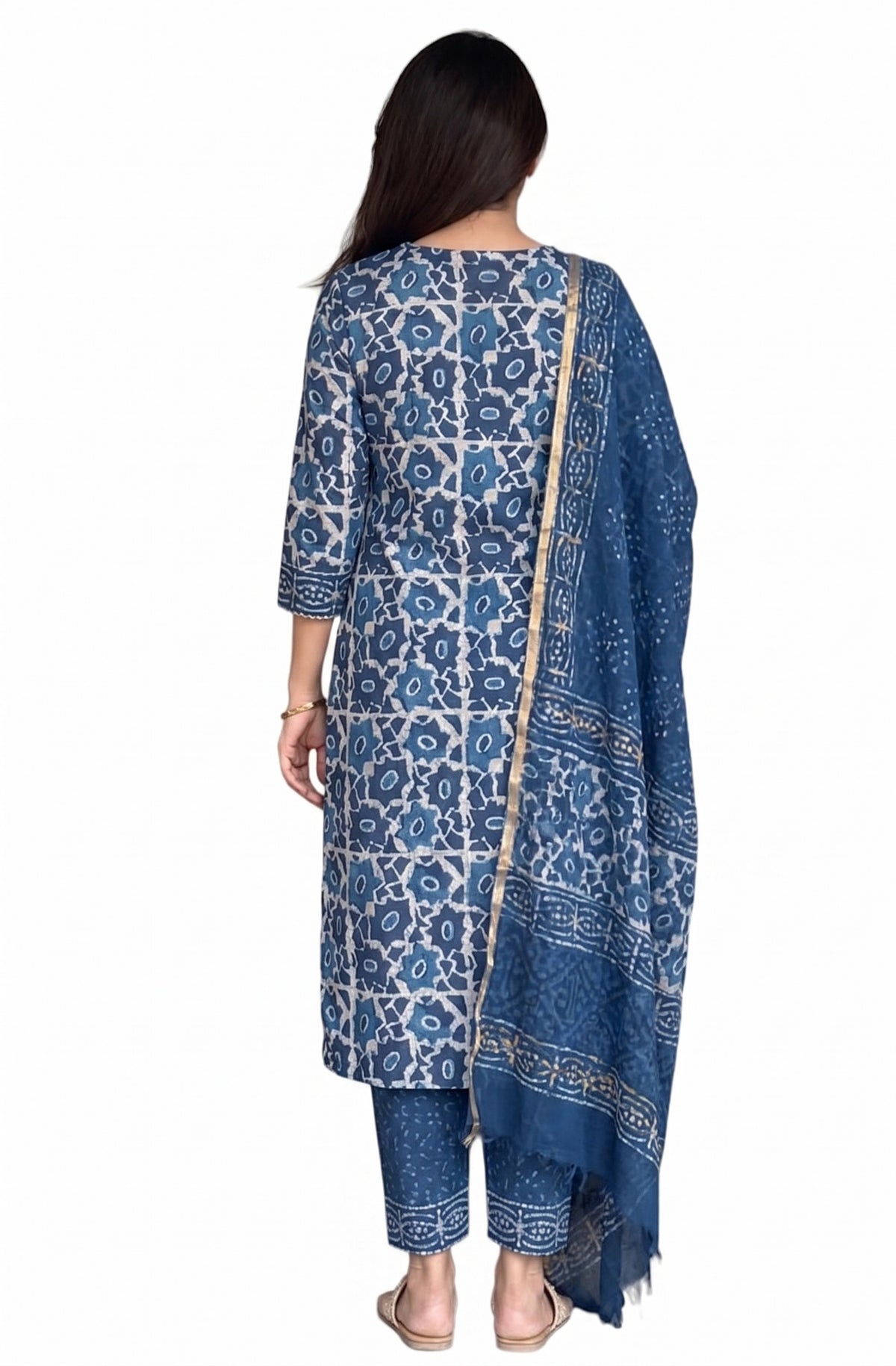 Blue Block Printed Viscose Kurta Pant Dupatta Set