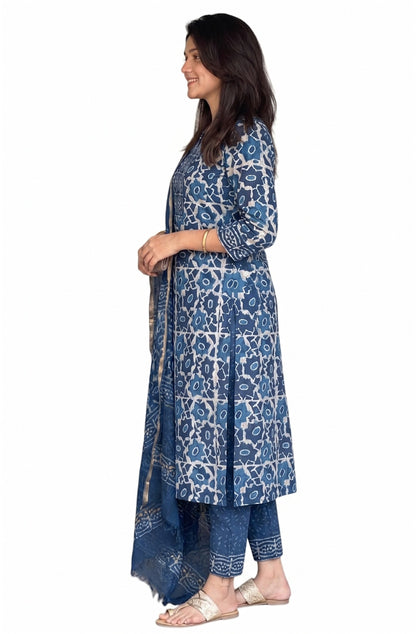 Blue Block Printed Viscose Kurta Pant Dupatta Set