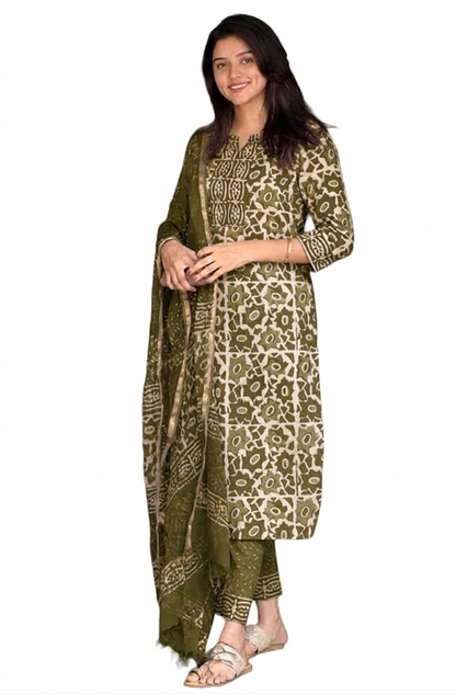 Green Block Printed Viscose Kurta Pant Dupatta Set