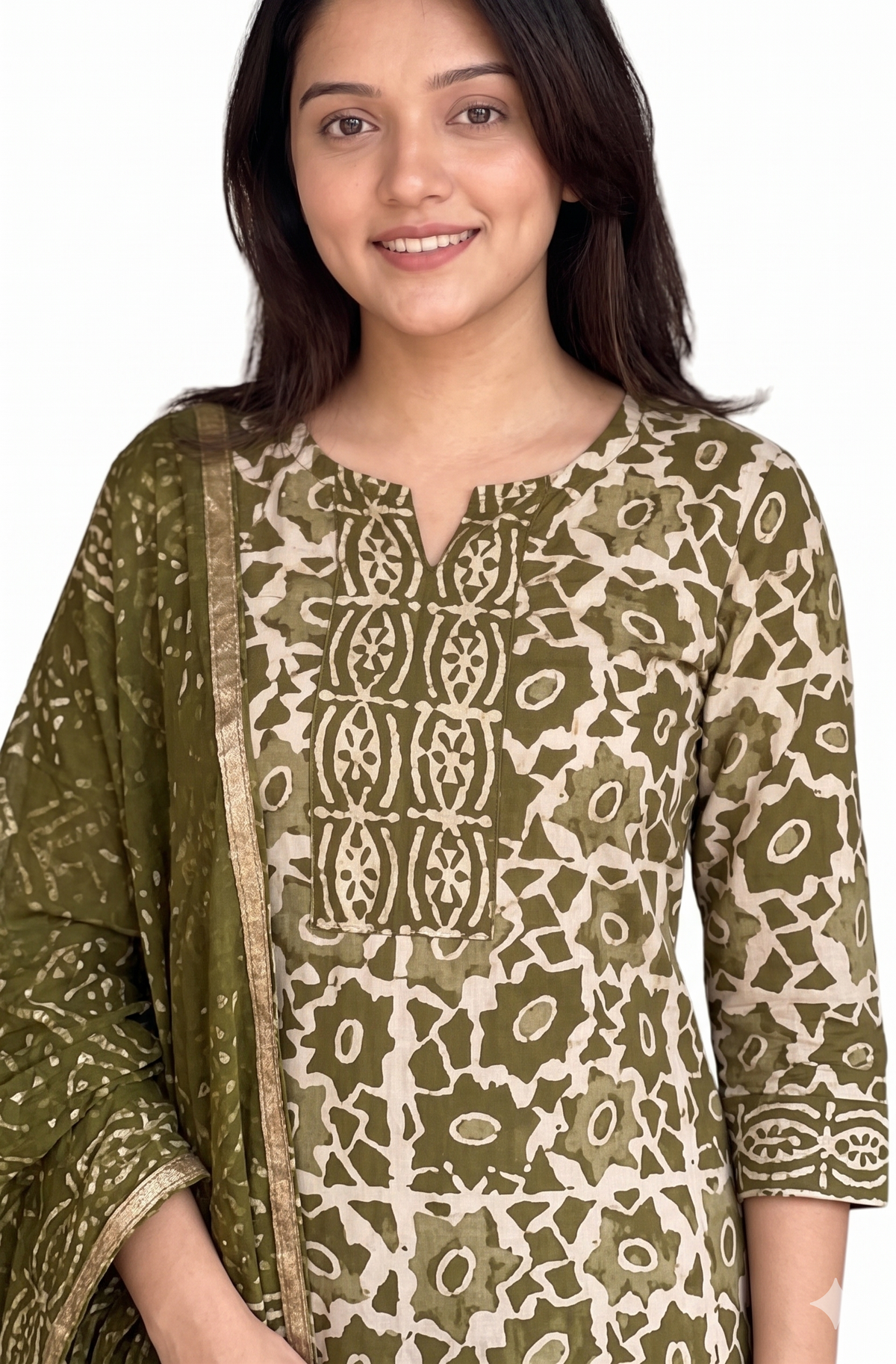 Green Block Printed Viscose Kurta Pant Dupatta Set