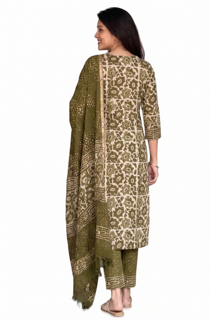 Green Block Printed Viscose Kurta Pant Dupatta Set