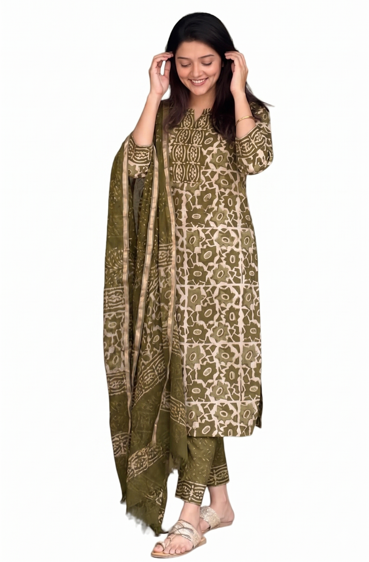 Green Block Printed Viscose Kurta Pant Dupatta Set