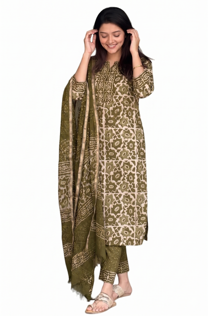 Green Block Printed Viscose Kurta Pant Dupatta Set