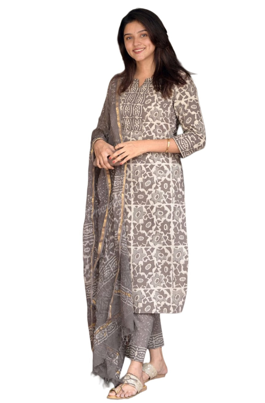 Maroon Block Printed Viscose Kurta Pant Dupatta Set