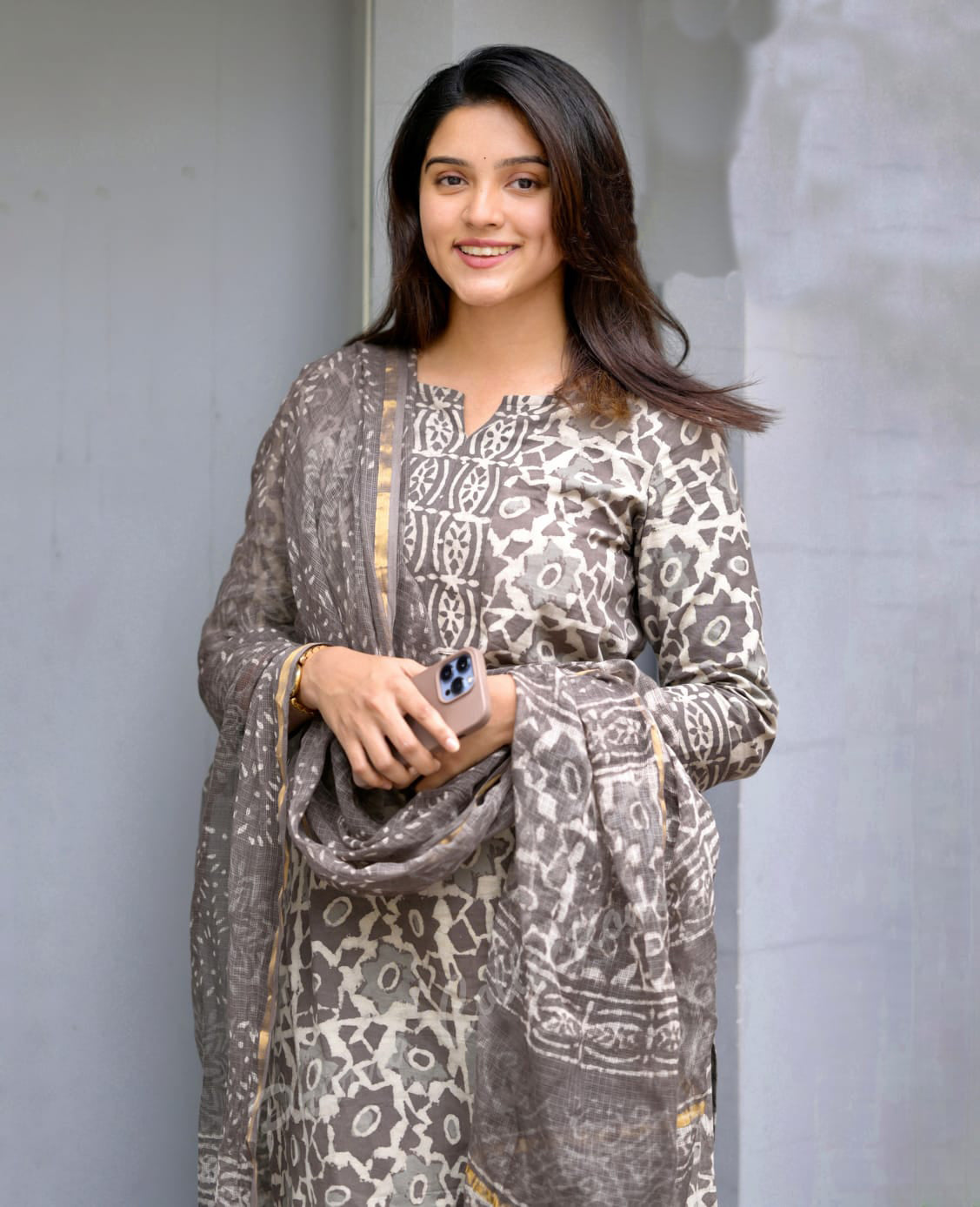 Maroon Block Printed Viscose Kurta Pant Dupatta Set