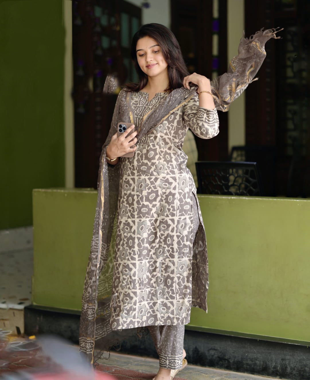 Maroon Block Printed Viscose Kurta Pant Dupatta Set