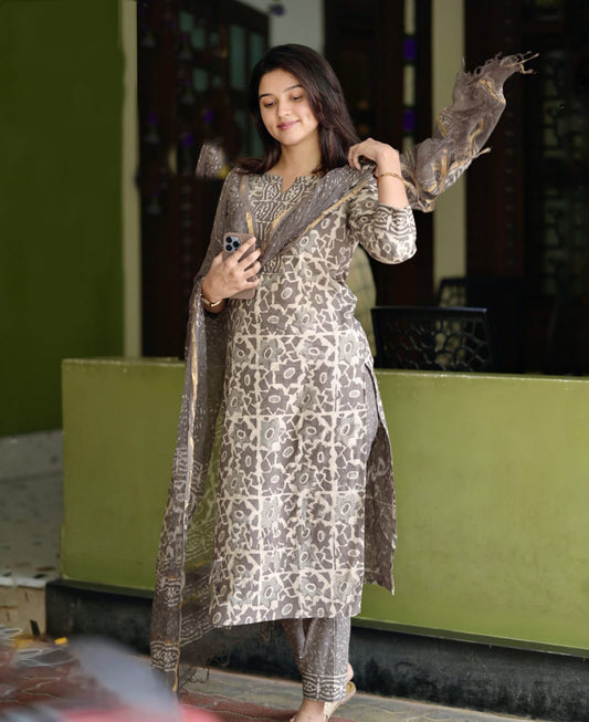 Maroon Block Printed Viscose Kurta Pant Dupatta Set