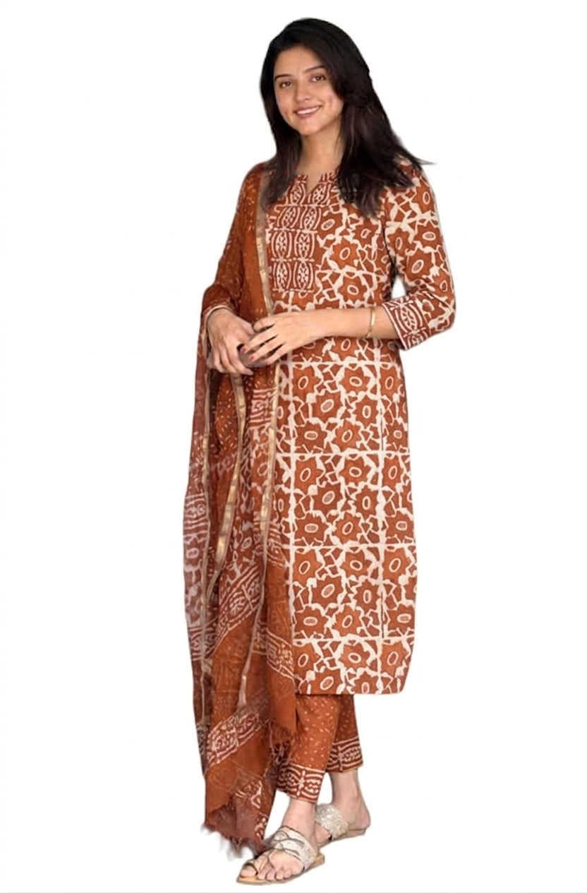Orange Block Printed Viscose Kurta Pant Dupatta Set