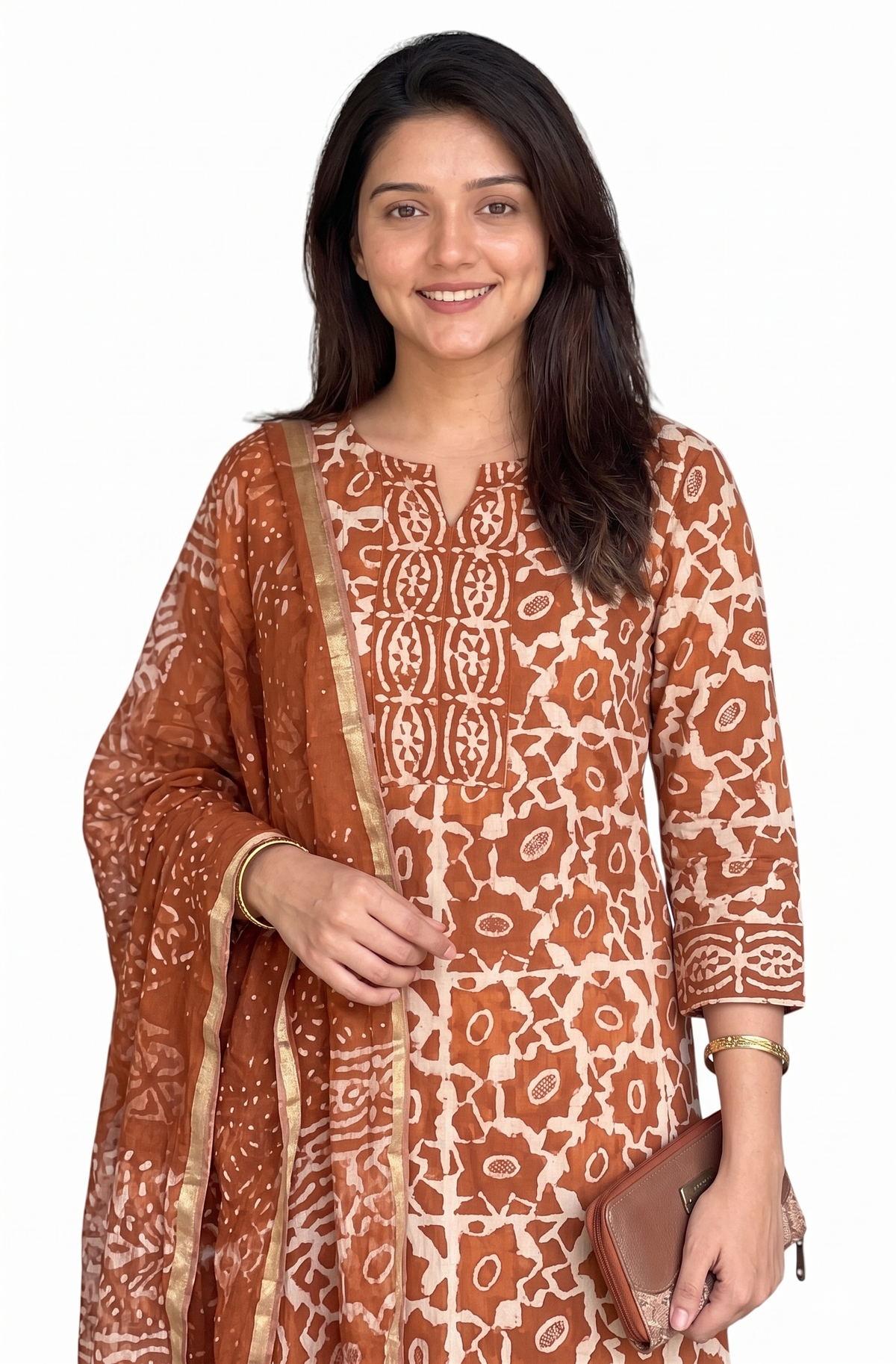 Orange Block Printed Viscose Kurta Pant Dupatta Set
