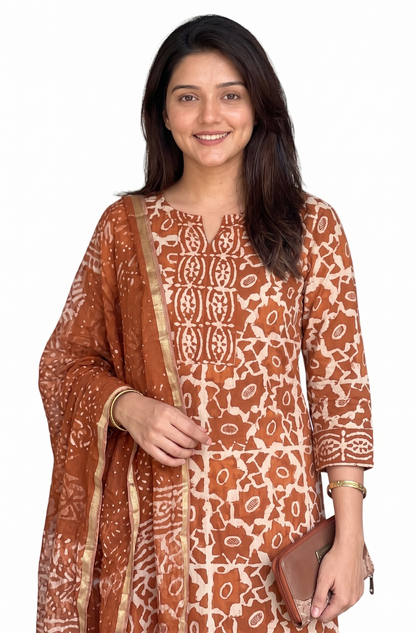 Orange Block Printed Viscose Kurta Pant Dupatta Set