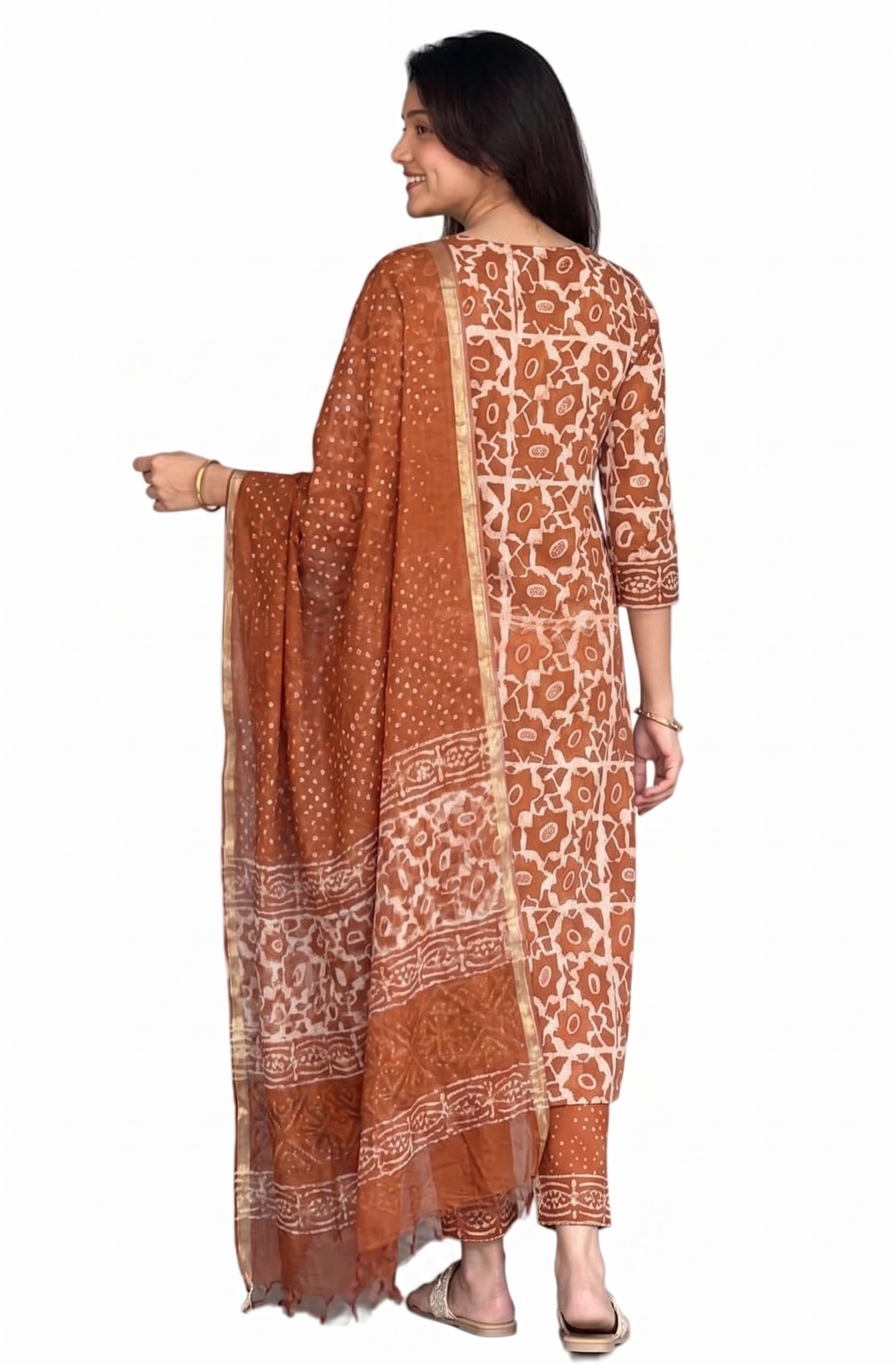 Orange Block Printed Viscose Kurta Pant Dupatta Set