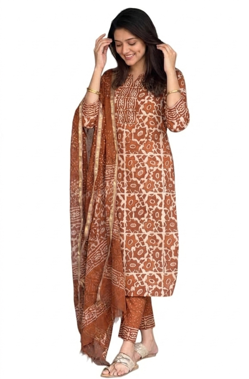 Orange Block Printed Viscose Kurta Pant Dupatta Set