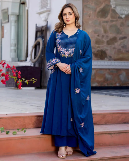Blue Printed Viscose Anarkali Kurta Set with Pants & Dupatta