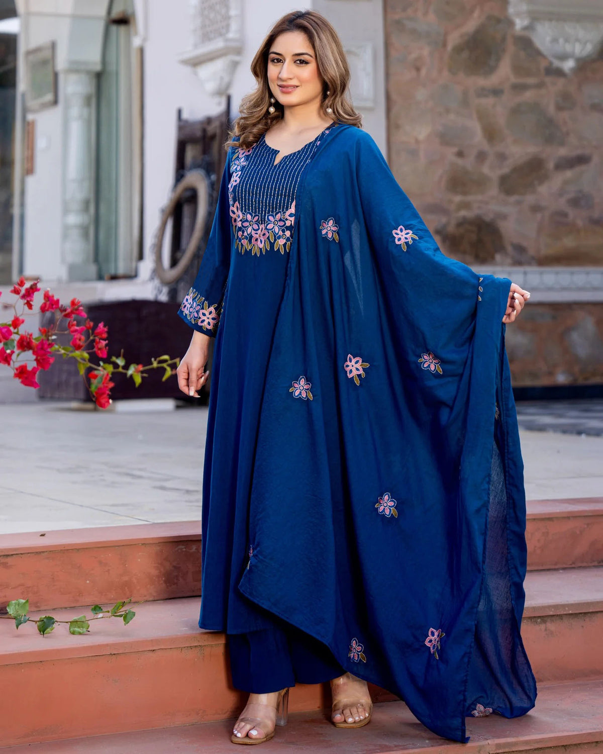 Blue Printed Viscose Anarkali Kurta Set with Pants & Dupatta