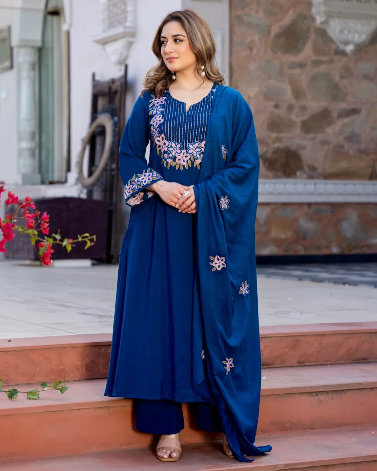 Blue Printed Viscose Anarkali Kurta Set with Pants & Dupatta