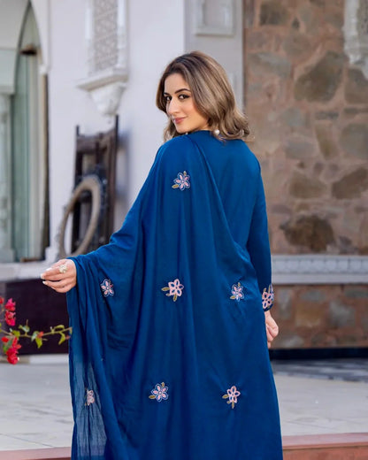 Blue Printed Viscose Anarkali Kurta Set with Pants & Dupatta