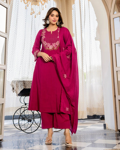 Pink Printed Viscose Anarkali Kurta Set with Pants & Dupatta