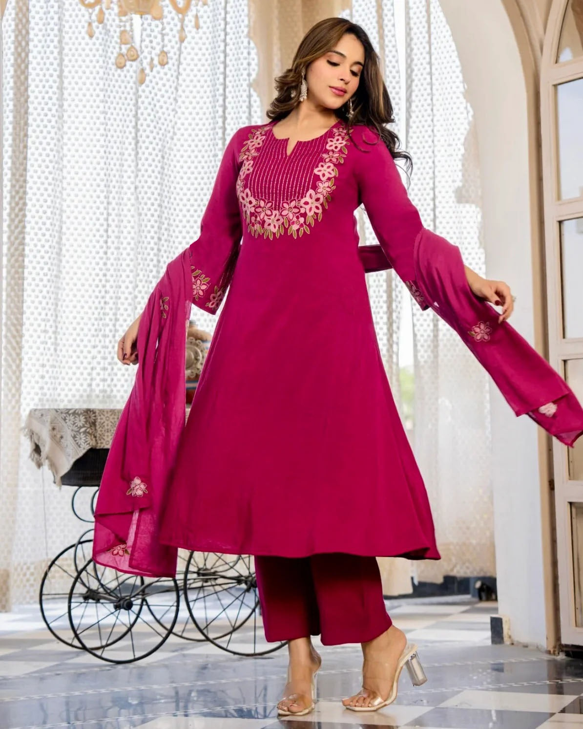 Pink Printed Viscose Anarkali Kurta Set with Pants & Dupatta