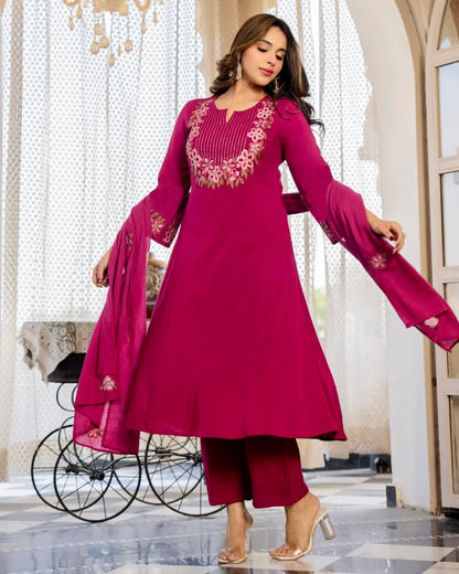 Pink Printed Viscose Anarkali Kurta Set with Pants & Dupatta