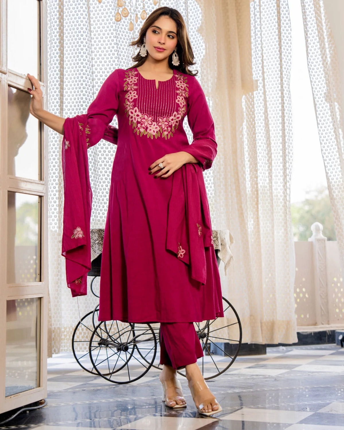 Pink Printed Viscose Anarkali Kurta Set with Pants & Dupatta