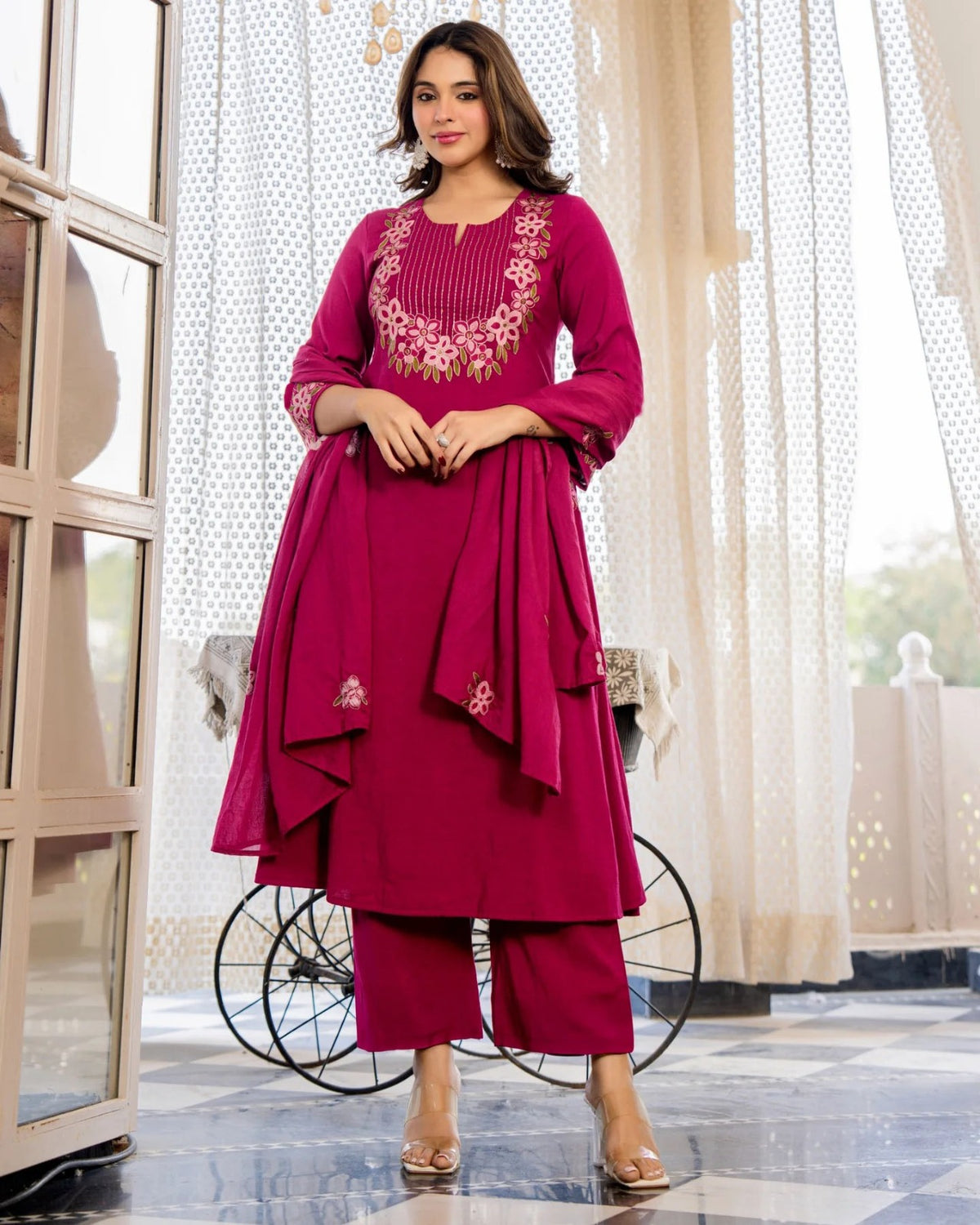 Pink Printed Viscose Anarkali Kurta Set with Pants & Dupatta