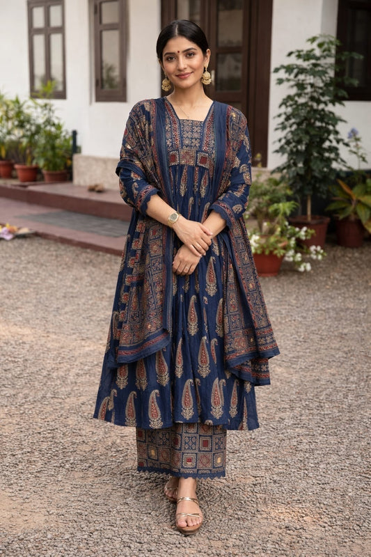 Blue Printed Viscose Anarkali Kurta Set with Pants & Dupatta