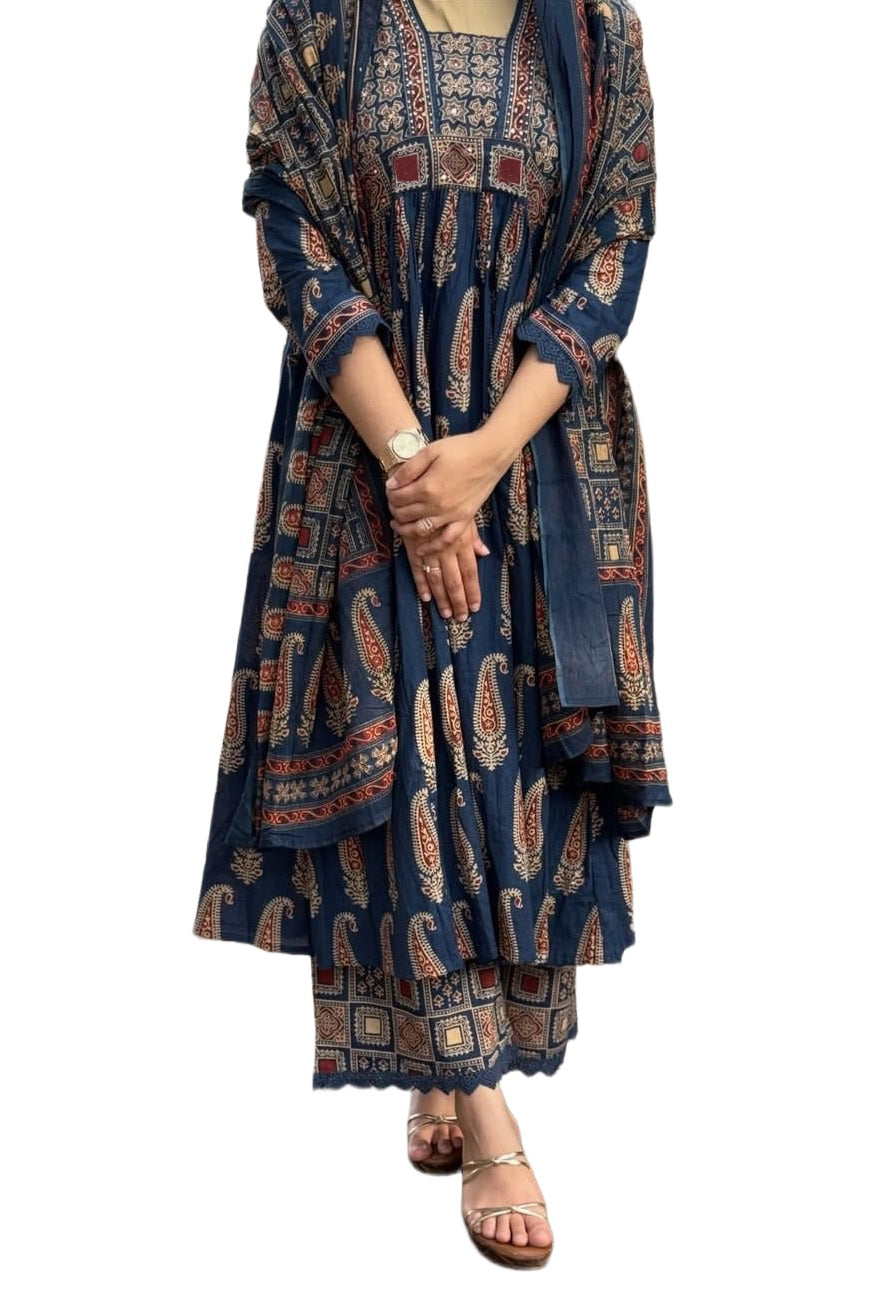 Blue Printed Viscose Anarkali Kurta Set with Pants & Dupatta