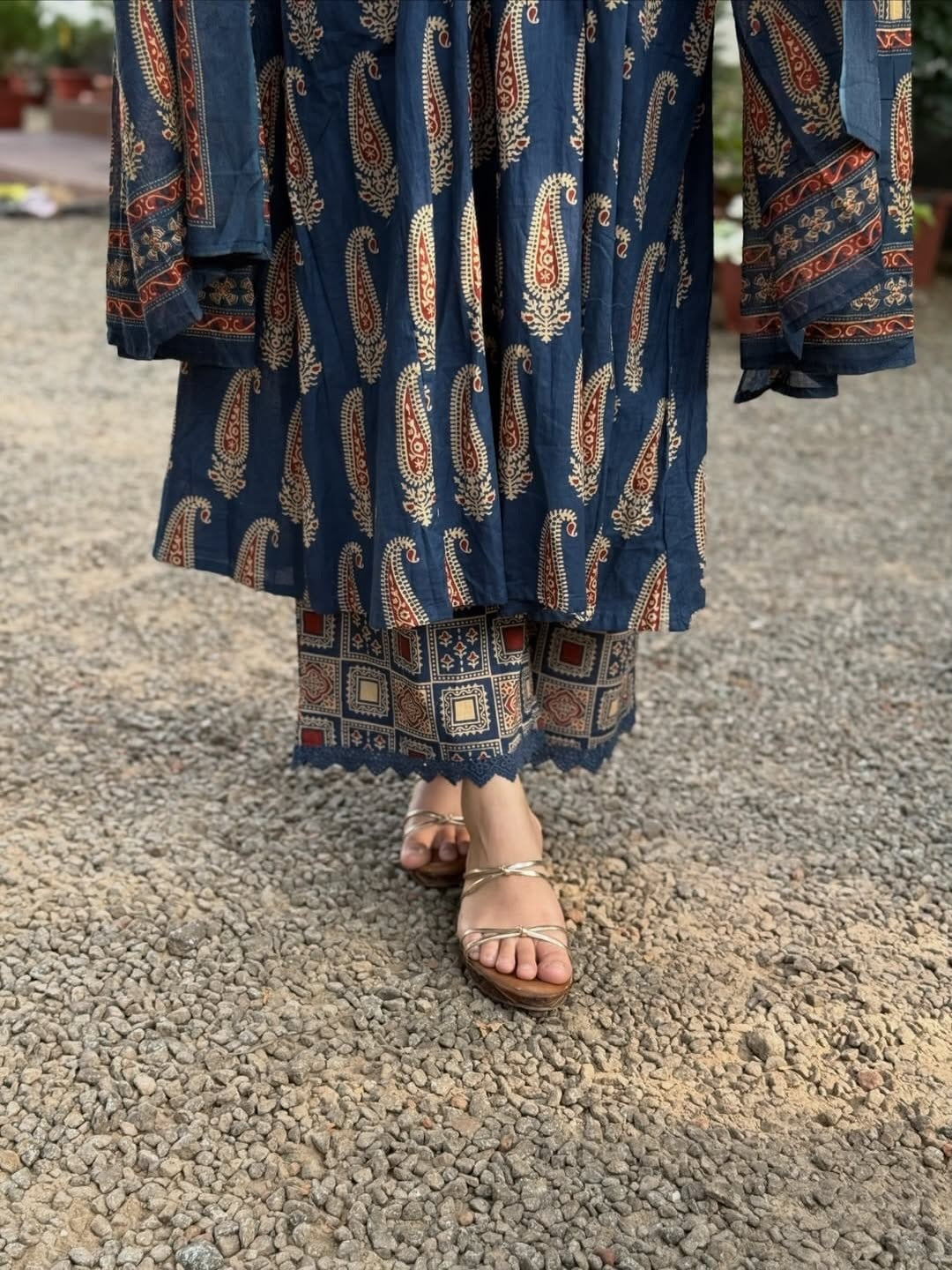 Blue Printed Viscose Anarkali Kurta Set with Pants & Dupatta