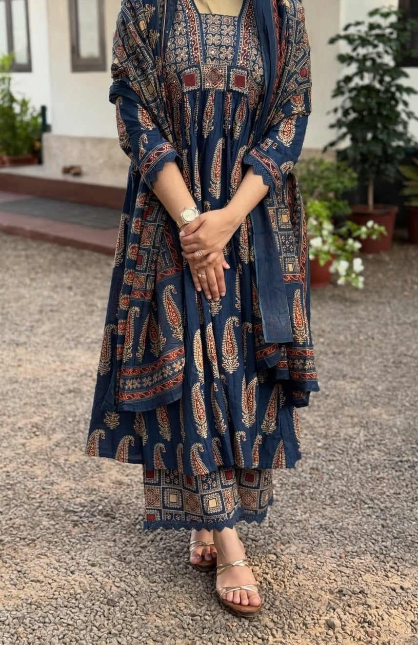 Blue Printed Viscose Anarkali Kurta Set with Pants & Dupatta