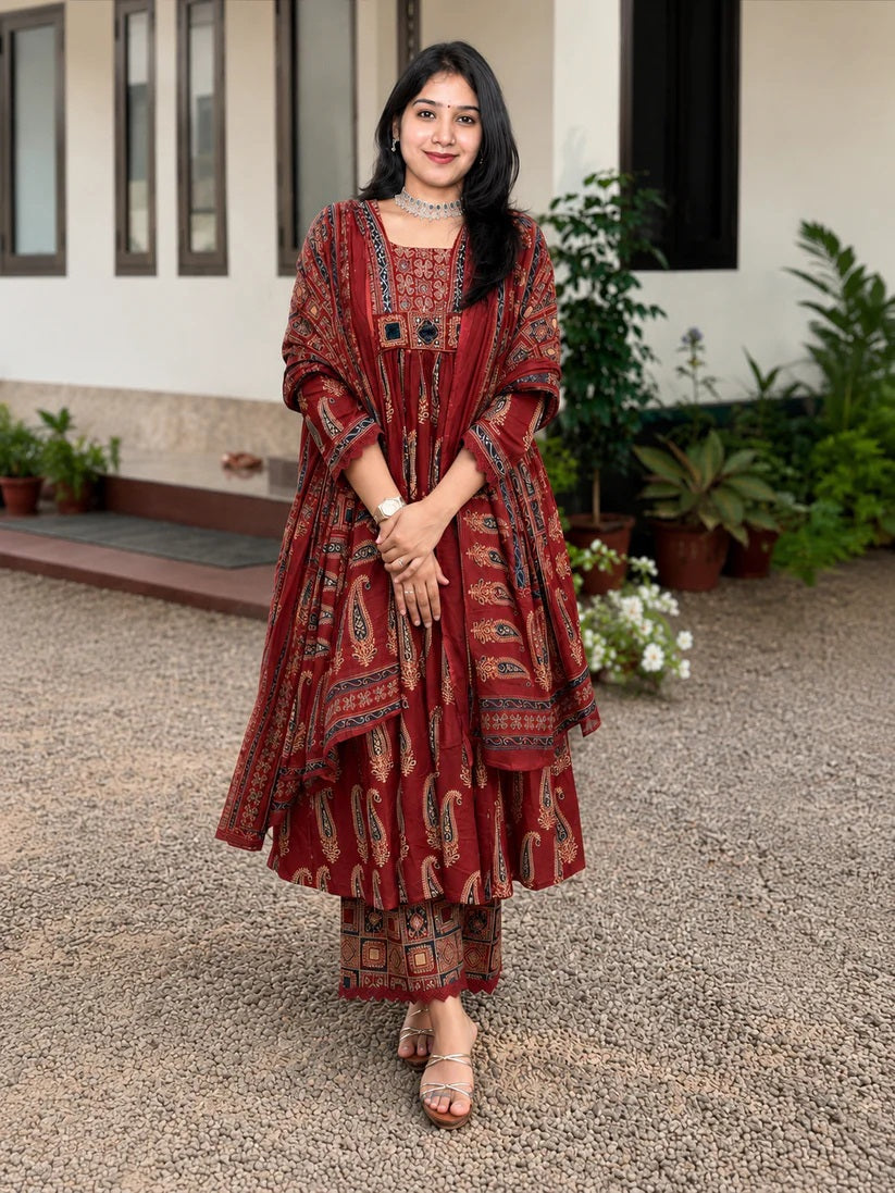 Red Printed Viscose Anarkali Kurta Set with Pants & Dupatta