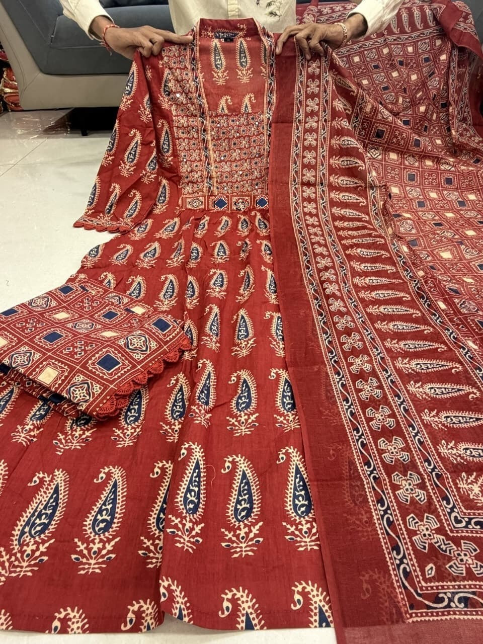 Red Printed Viscose Anarkali Kurta Set with Pants & Dupatta