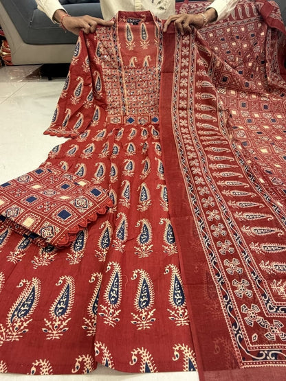Red Printed Viscose Anarkali Kurta Set with Pants & Dupatta