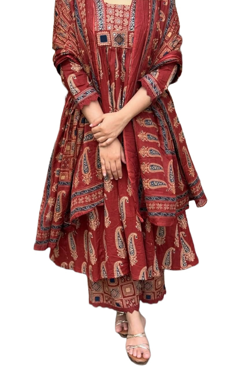Red Printed Viscose Anarkali Kurta Set with Pants & Dupatta