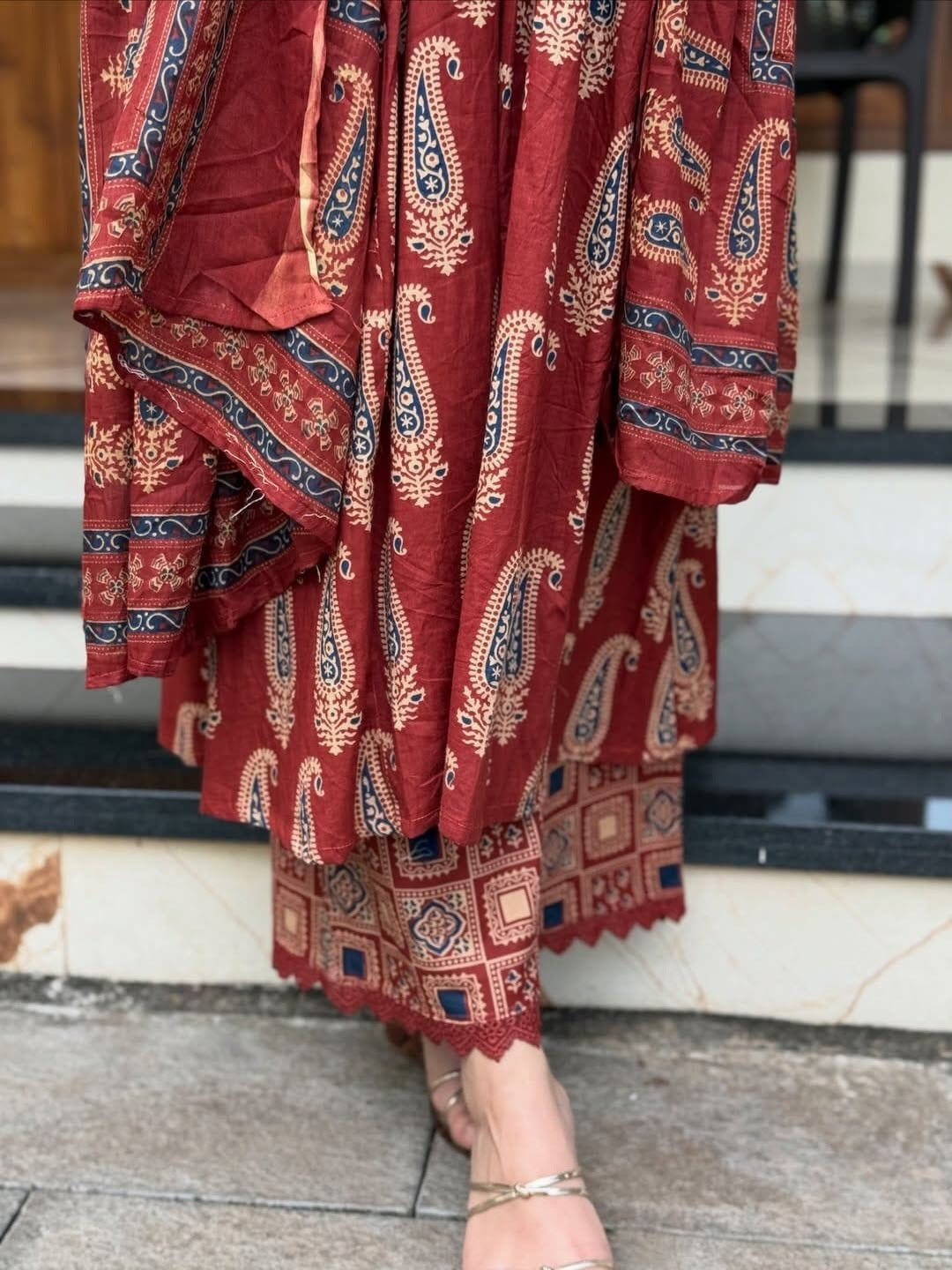 Red Printed Viscose Anarkali Kurta Set with Pants & Dupatta