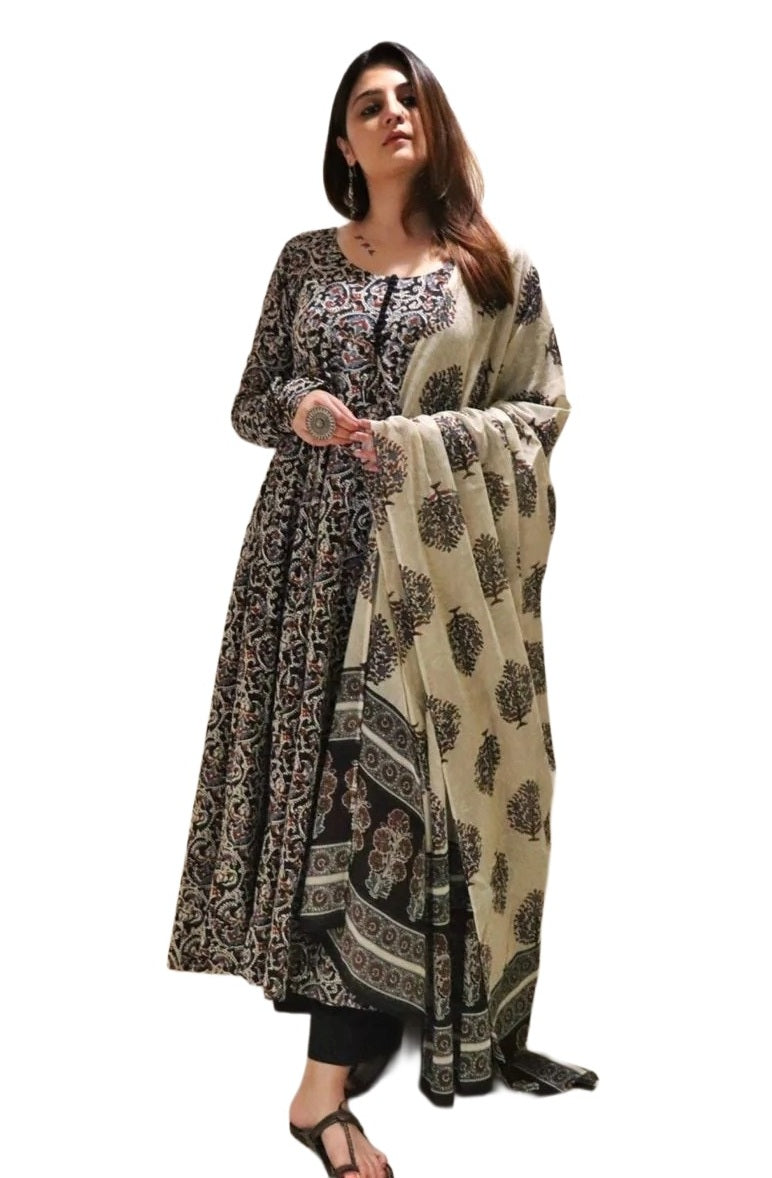 Black Printed Viscose Anarkali Kurta Set with Pants & Dupatta