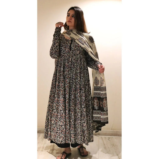 Black Printed Viscose Anarkali Kurta Set with Pants & Dupatta