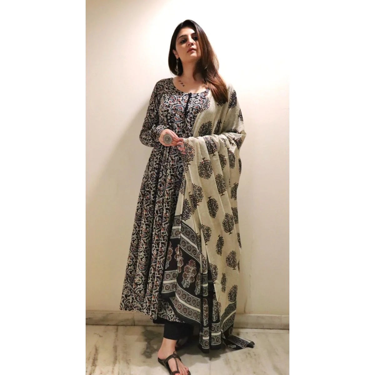 Black Printed Viscose Anarkali Kurta Set with Pants & Dupatta