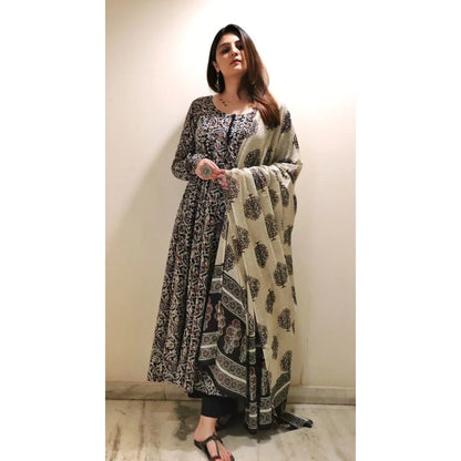 Black Printed Viscose Anarkali Kurta Set with Pants & Dupatta