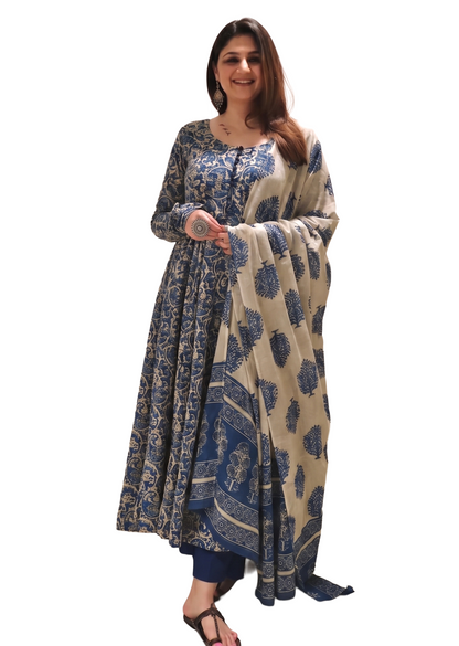Blue Printed Viscose Anarkali Kurta Set with Pants & Dupatta